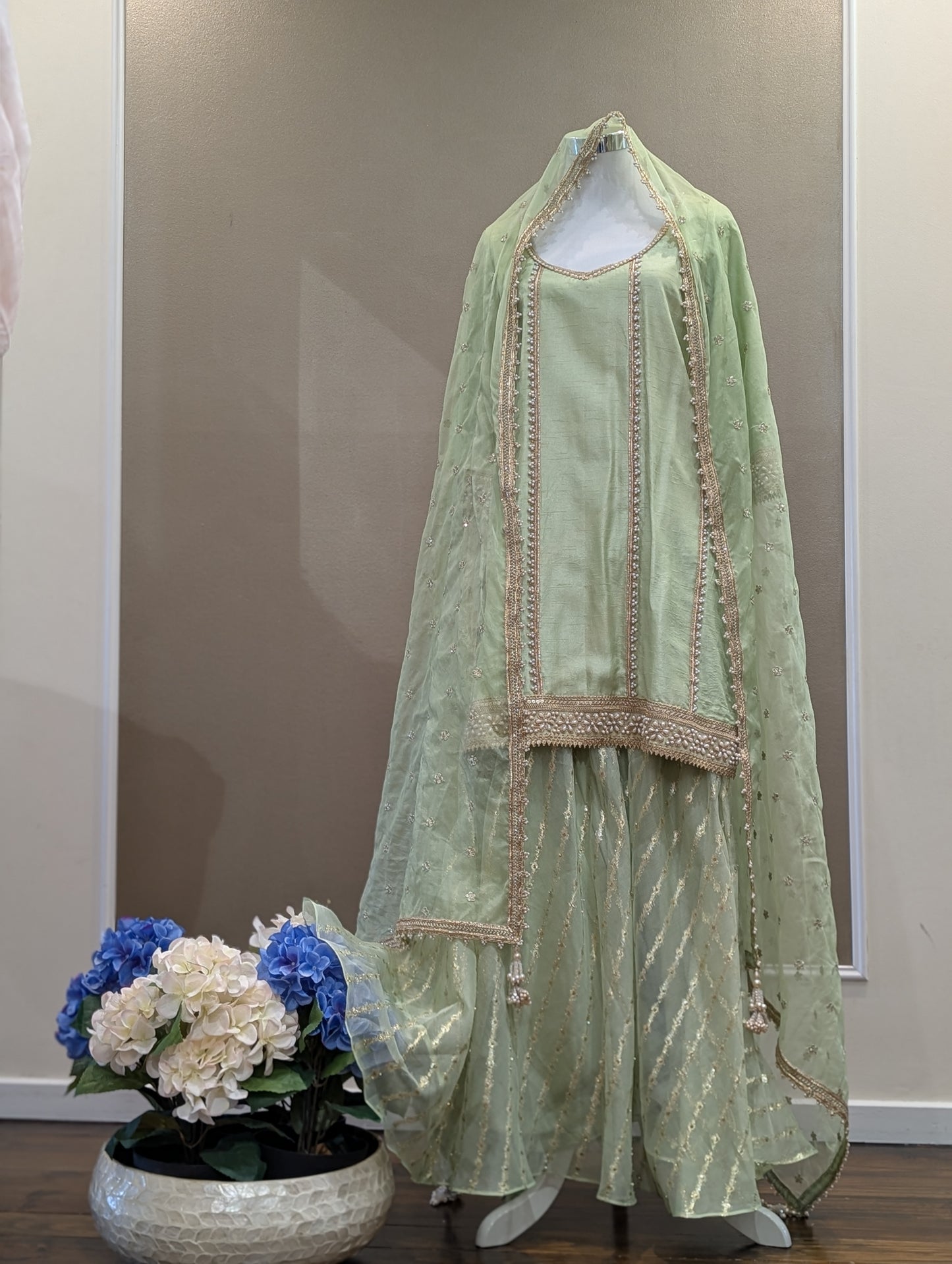 Silk pearl kurta with organza sharara