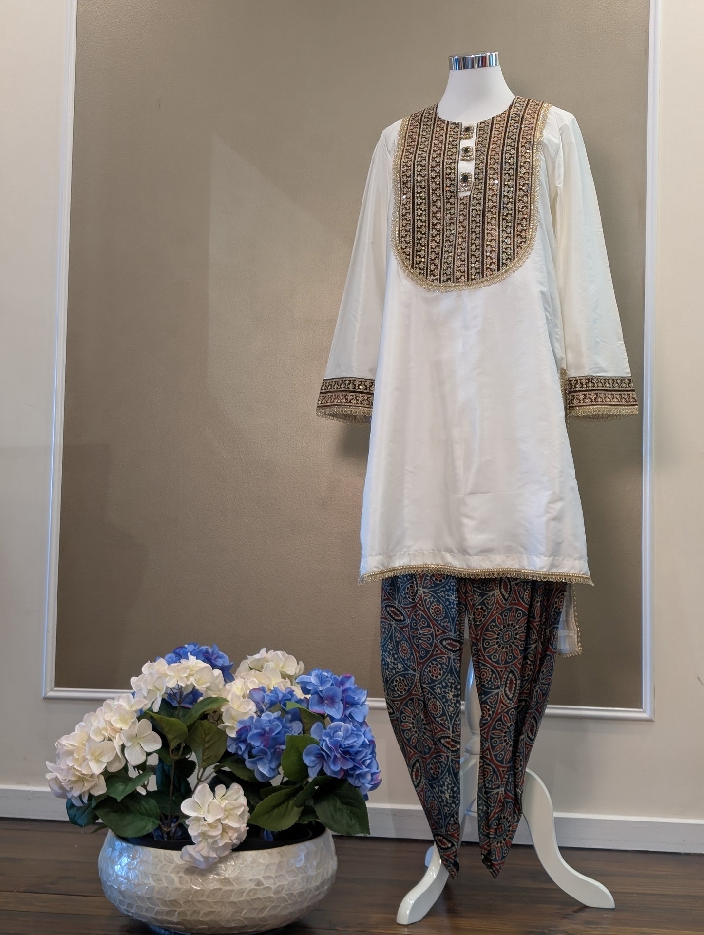 Silk kurta with ajrakh pants