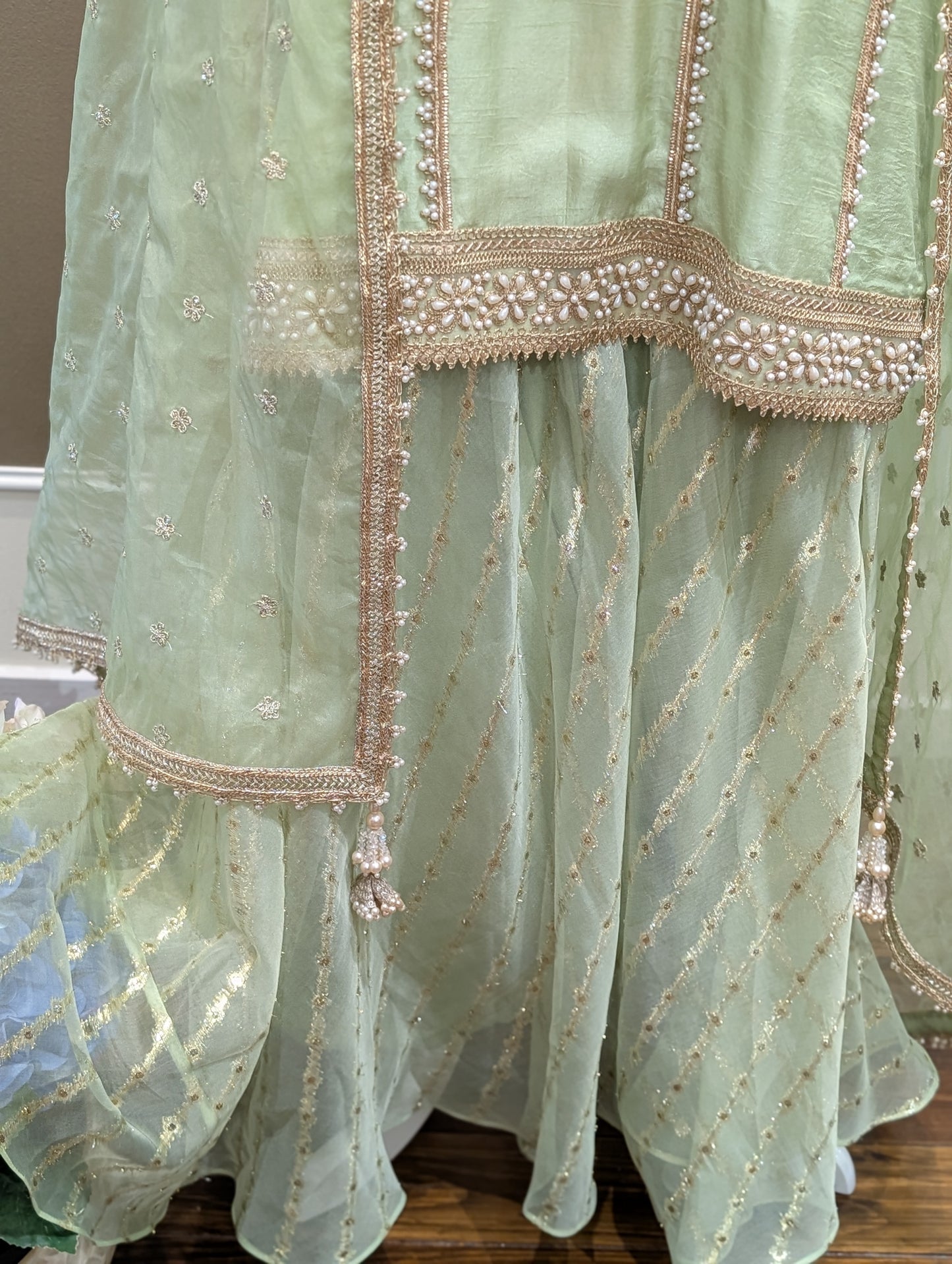 Silk pearl kurta with organza sharara