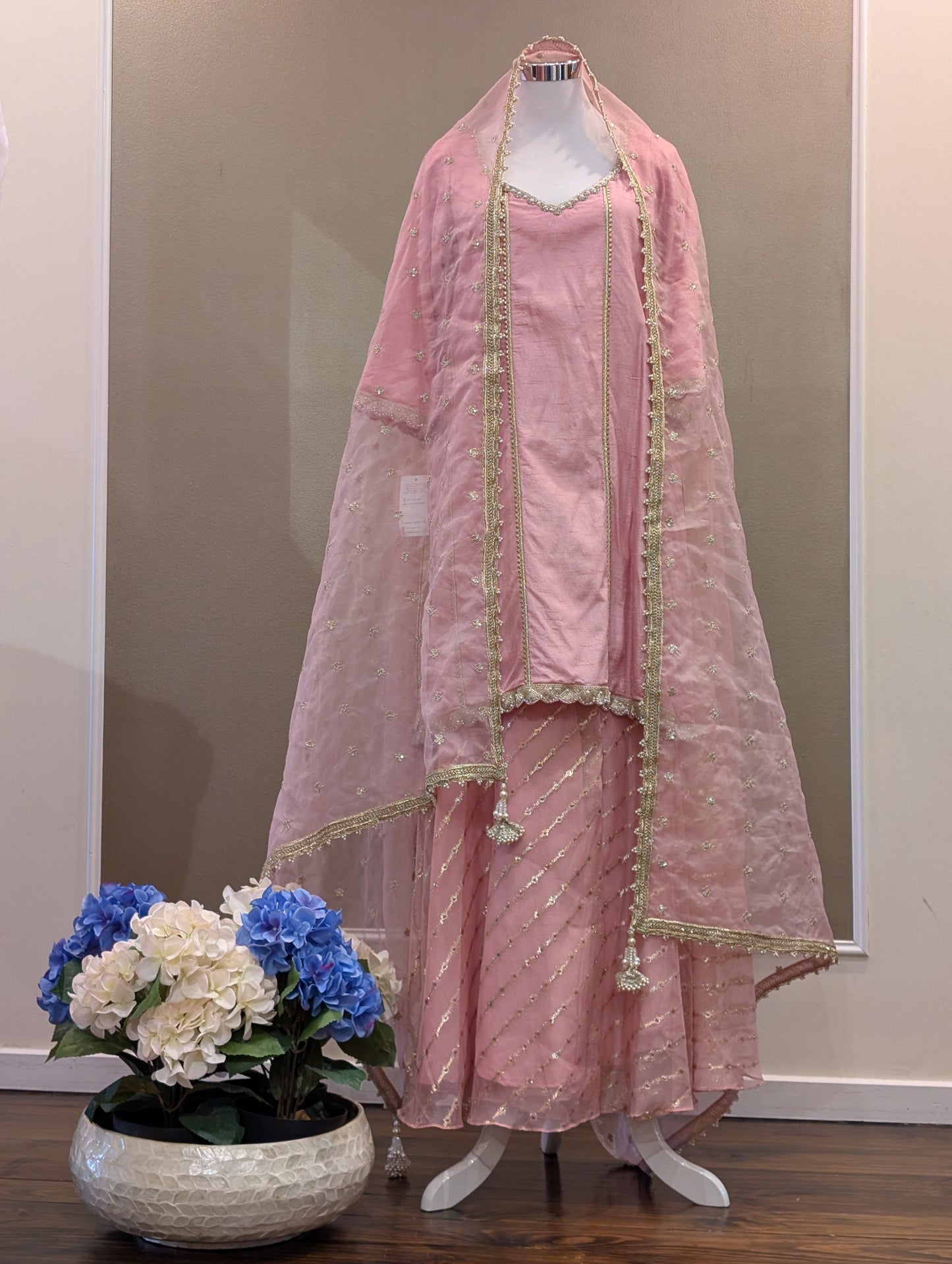 Silk pearl kurta with organza sharara