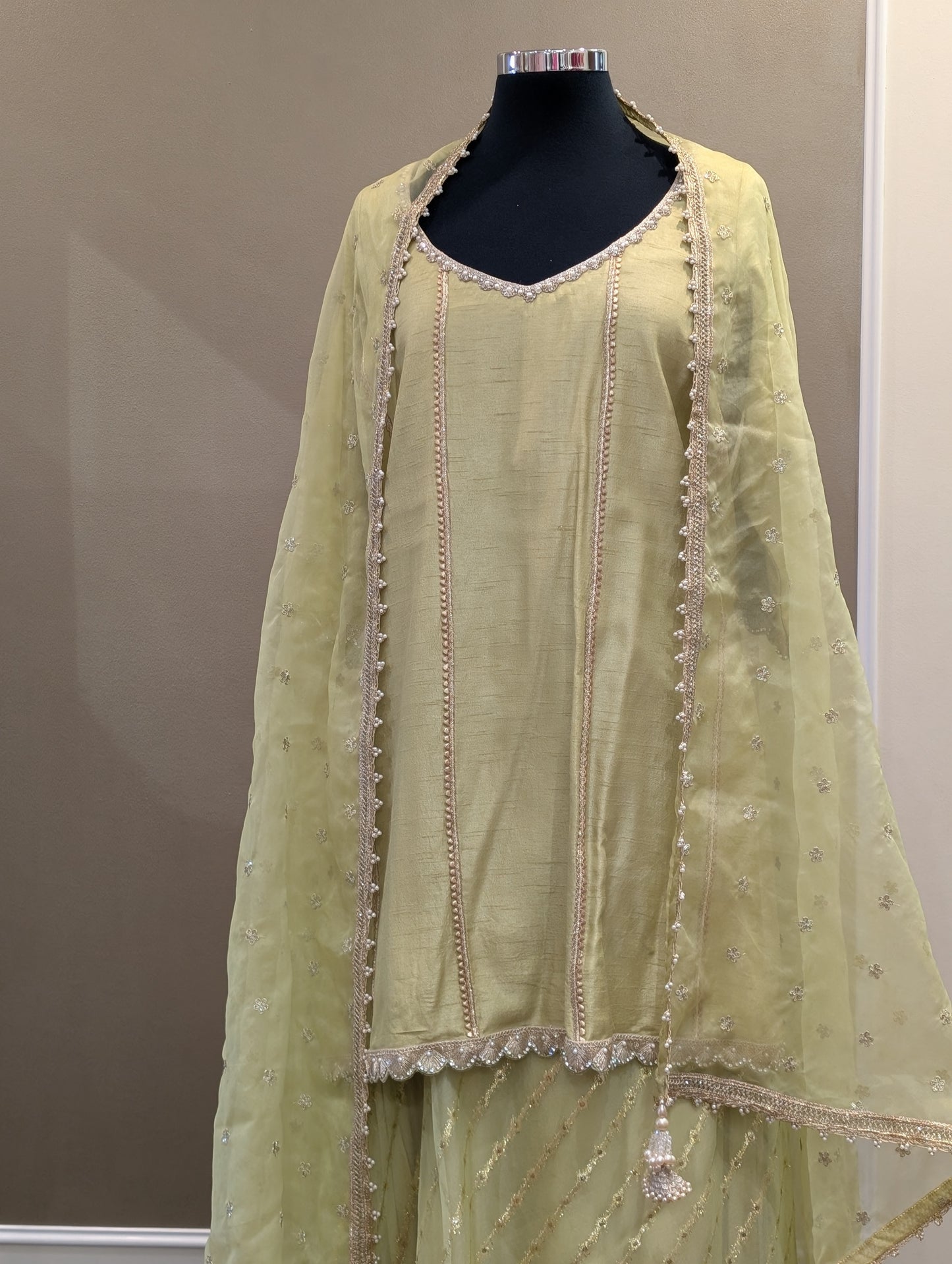Silk pearl kurta with organza sharara