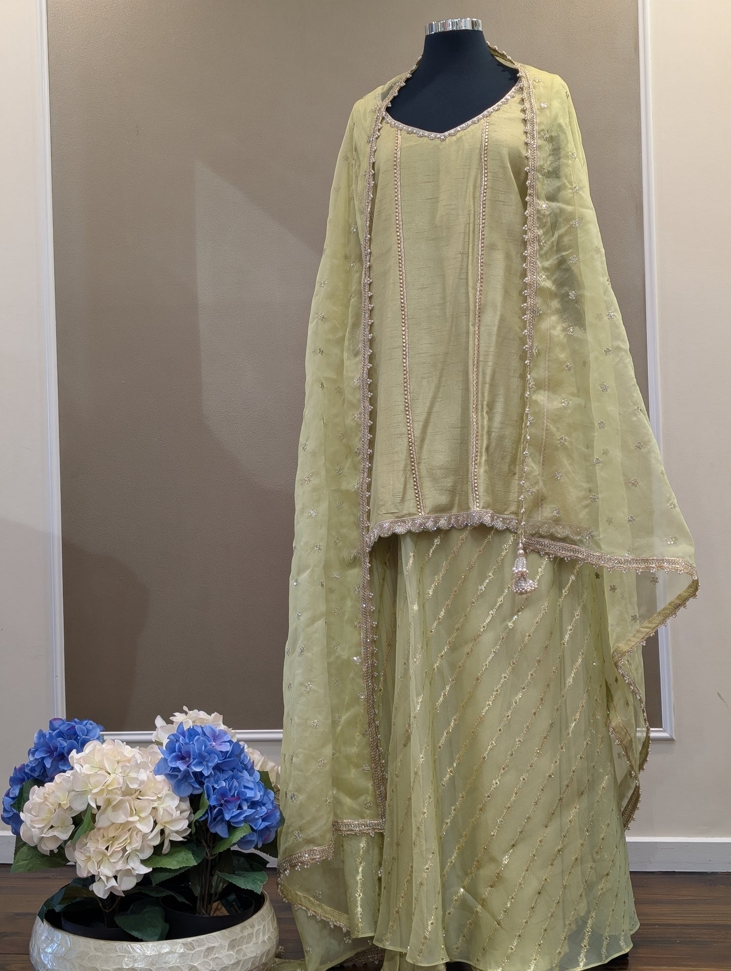 Silk pearl kurta with organza sharara
