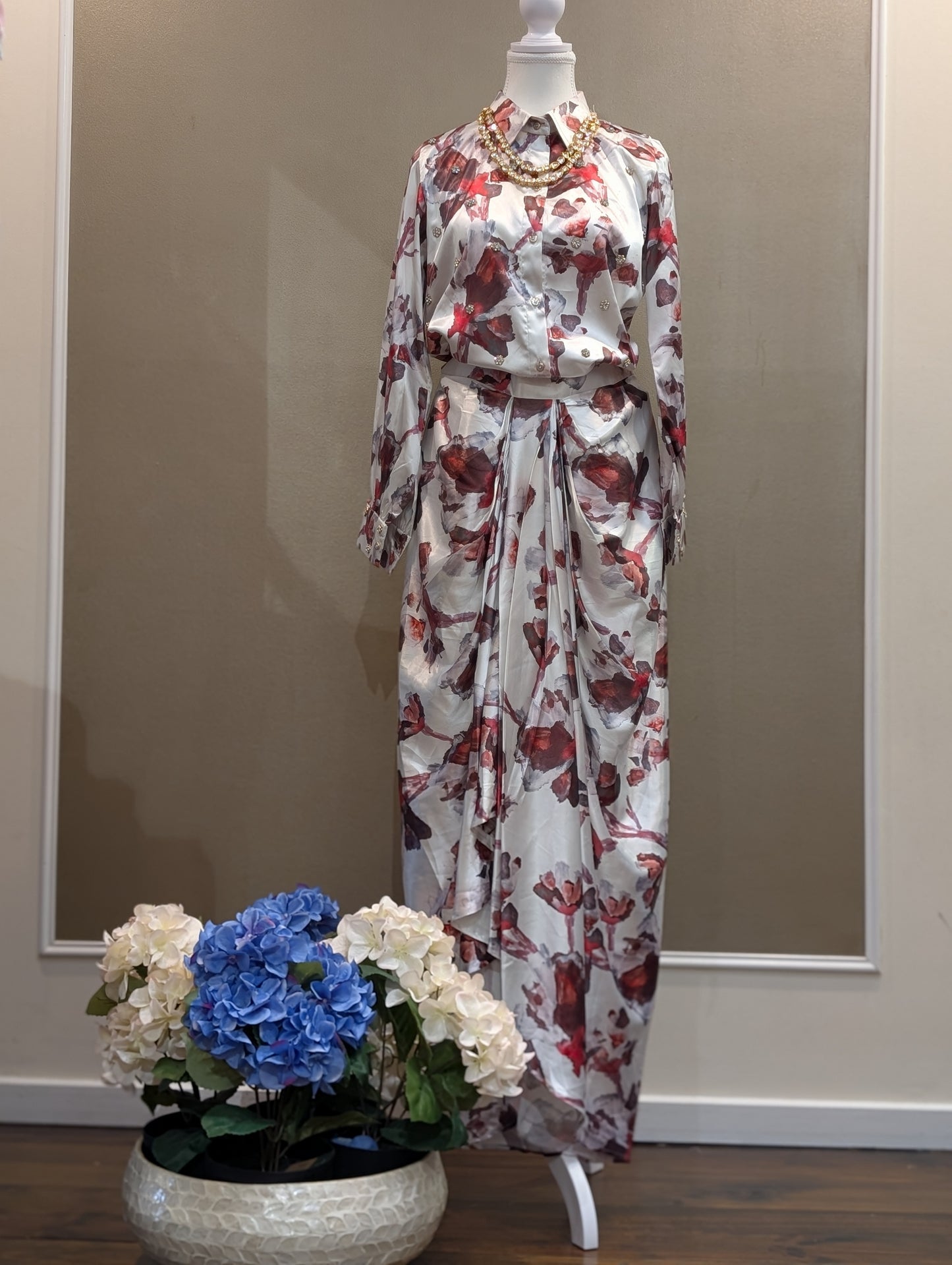 Shirt style drape skirt set