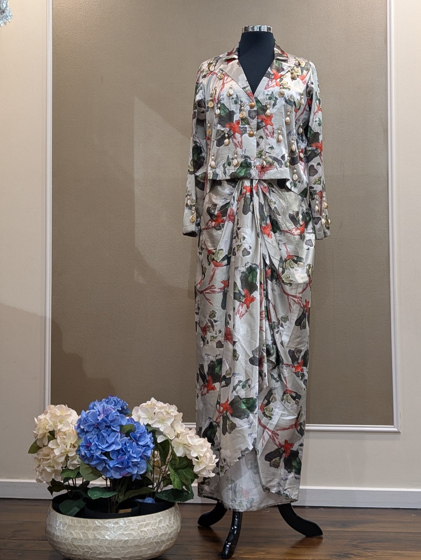 Jacket style top and drape skirt set