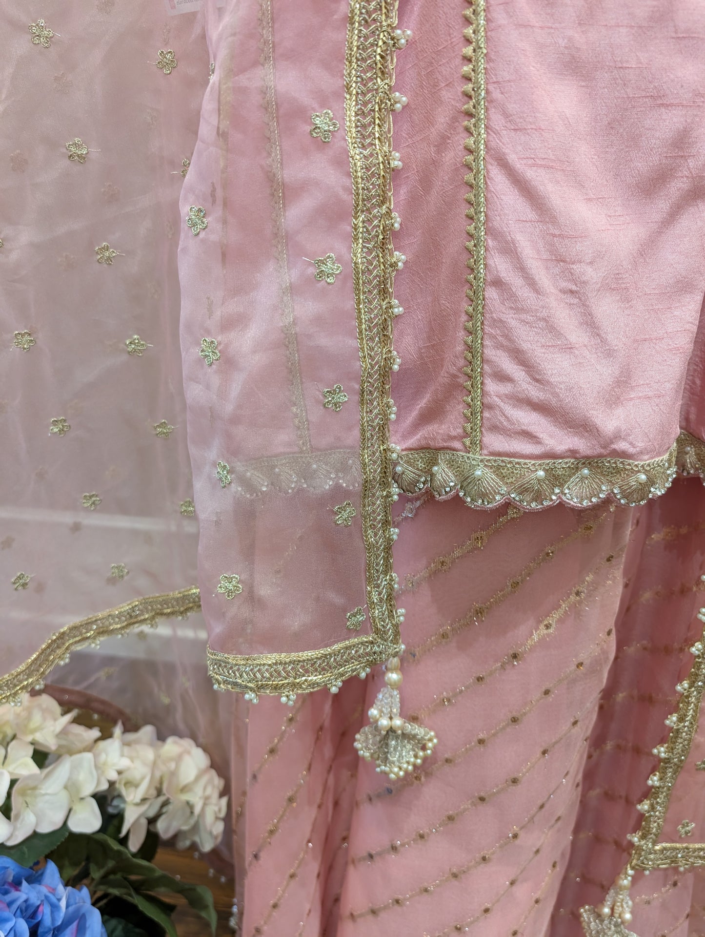 Silk pearl kurta with organza sharara