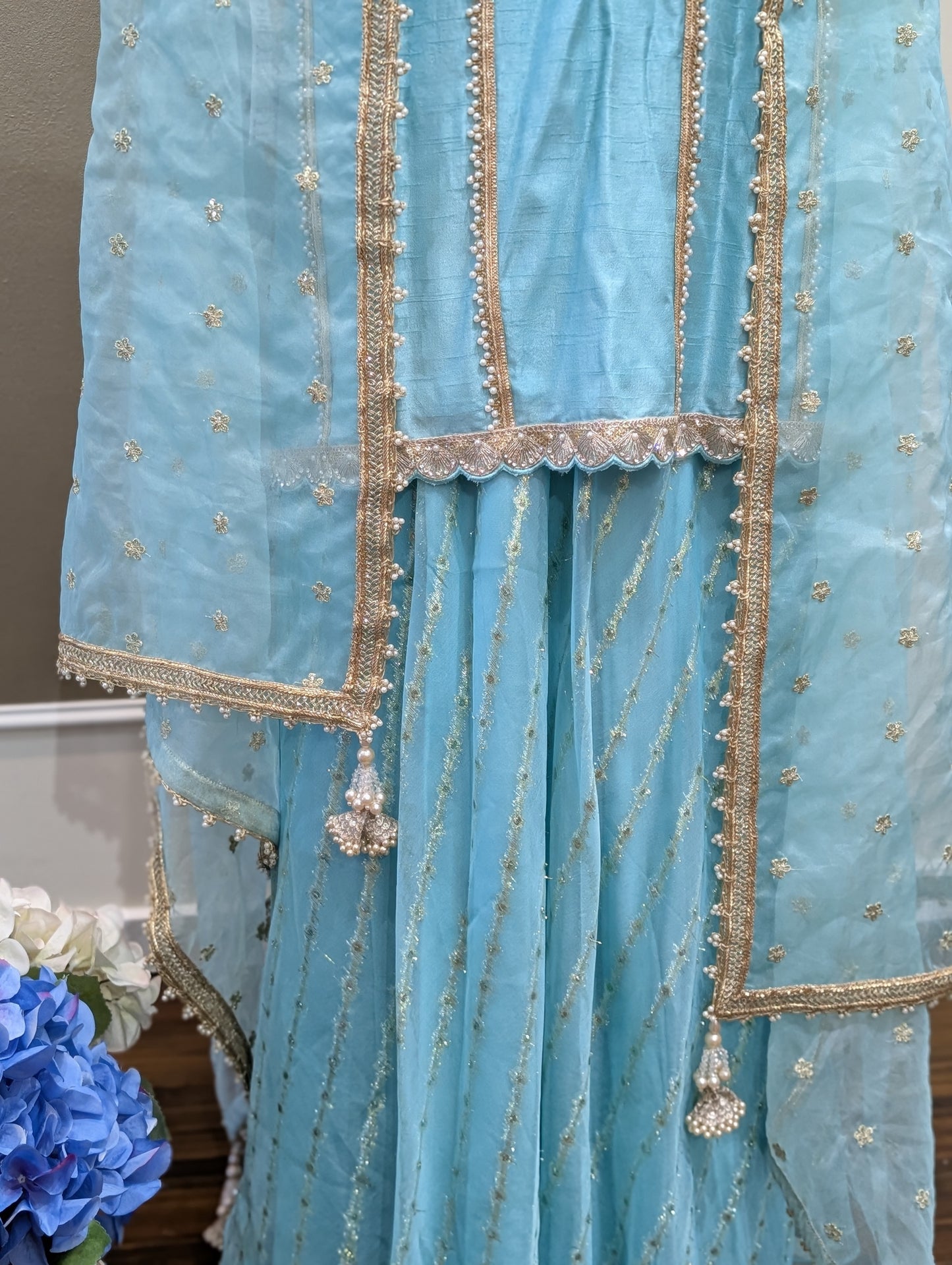 Silk pearl kurta with organza sharara